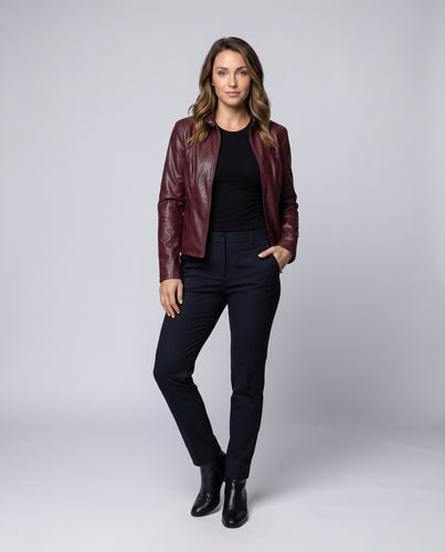 Damen City-Kurzjacke Lederimitat Stehkragen Metallzipper