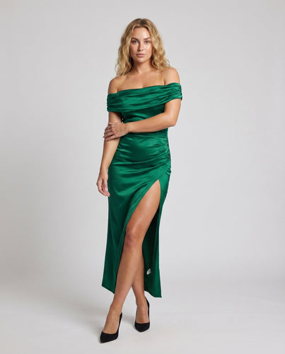 Damen Satin-Kleid Off-Shoulder U-Boot-Ausschnitt Raffung