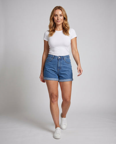 Damen 5-Pocket-Shorts Tailliert Umschlagkante Elastikbund