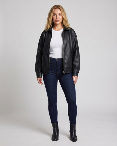 Damen Kunstlederjacke Weit Geschnitten Hemdkragen Zipp