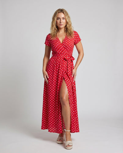 Damen Wickel-Maxikleid V-Ausschnitt Beinschlitz Elastik-Taille