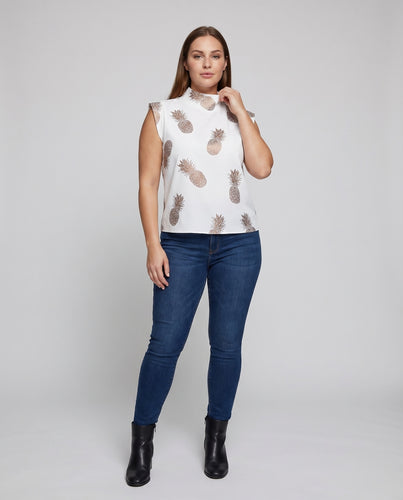 Damen Boxy-Top Wattierte Schultern Letterprint