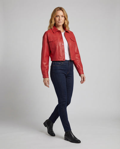 Damen Hemdjacke Vegan-Leder Boxy-Schnitt Druckknöpfe