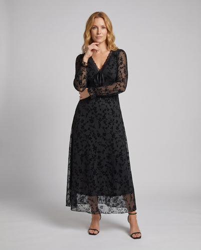 Damen Chiffon-Maxikleid Flockmuster V-Ausschnitt Taillennaht