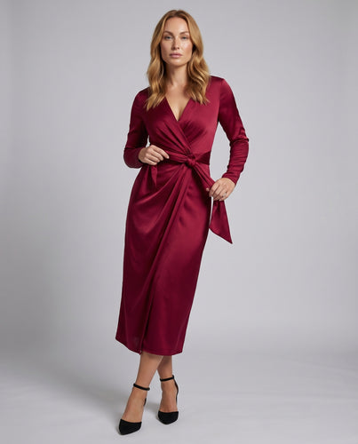Damen Satin-Wickelkleid V-Ausschnitt Langarm Knotenpartie