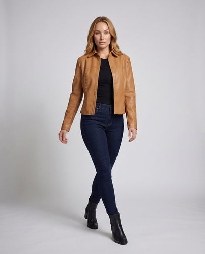 Damen Hemdjacke Lederoptik Ziernieten Druckknopfleiste
