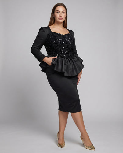 Damen Midikleid Glitzer-Bustier Schößchen Bleistiftrock