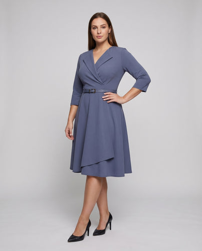 Damen Wickelmidikleid Stufenrock 3/4-Ärmel Gürtel