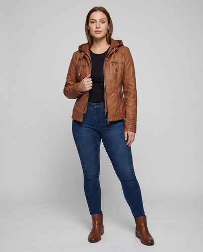 Damen Kapuzenjacke Nappa-Optik Teilungsnähte Zipper-Taschen