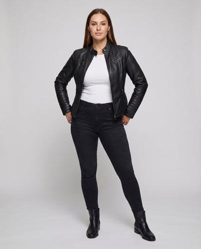 Damen Kunstlederjacke Stehkragen Teilungsnähte Gesteppt
