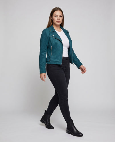Damen Bikerjacke Veloursoptik Asymmetrisch Zierknöpfe