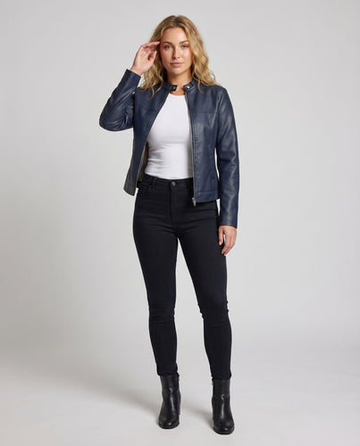 Damen Kurzjacke Kunstleder Stehkragen Metallreißverschluss