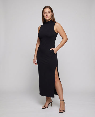 Damen Maxikleid Stehkragen Seitlicher Schlitz Figurbetont