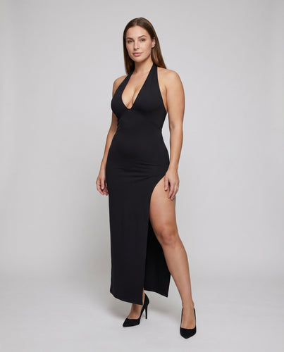 Damen Neckholder-Maxikleid V-Ausschnitt Bindeschleife Beinschlitz