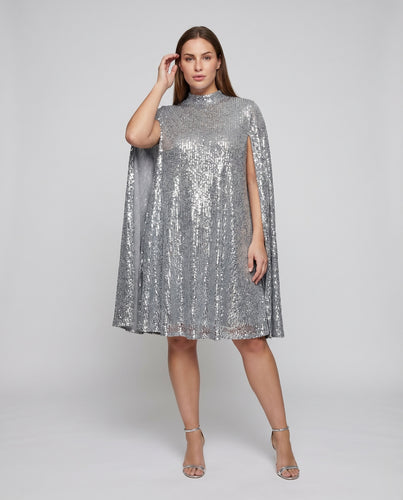 Damen Paillettencape-Minikleid Stehkragen A-Linien-Schnitt