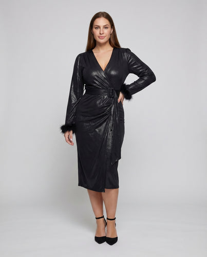 Damen Wickelmidikleid Satin-Schimmer Kunstfellmanschetten Raffung