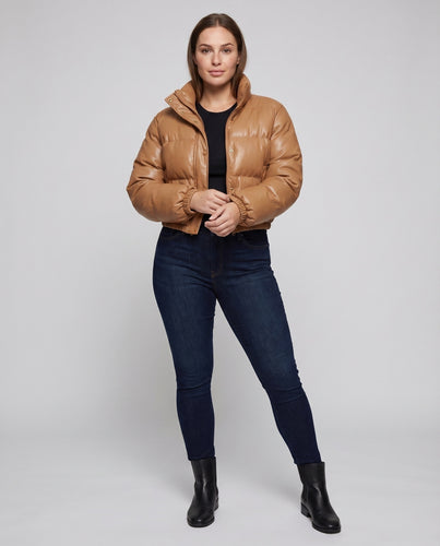 Damen Steppjacke Lederoptik Cropped Kapuzenkragen