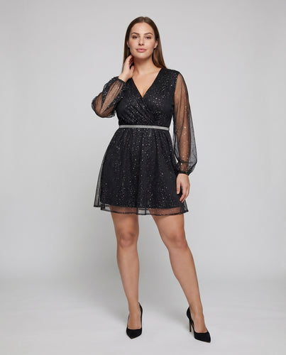 Damen Tüll-Minikleid V-Ausschnitt Transparent-Langarm Glitzer