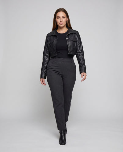Damen Hemdjacke Vegan-Leder Pattentaschen Tailliert