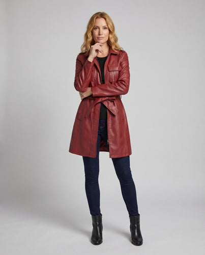Damen Kunstledermantel Military-Stil Brustklappen Bindegürtel