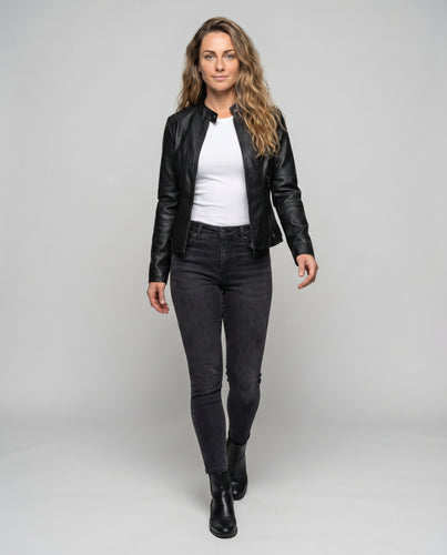 Damen Kurzjacke Nappa-Optik Stehkragen Figurnah