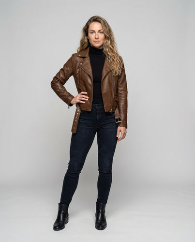 Damen Bikerjacke Kunstleder Asymmetrisch Taillengürtel