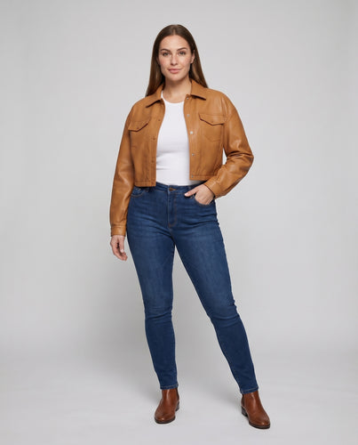 Damen Kunstlederjacke Weit Hemdkragen Druckknopfverschluss