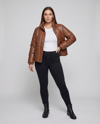 Damen Kunstleder-Steppjacke Stehkragen Gesteppt Taschen