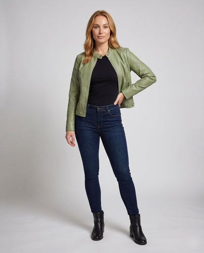 Damen Motorrad-Blouson Stehkragen Nietenbordüre Rocker-Chic