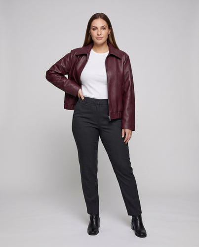 Damen Kurzjacke Veganleder Hemdkragen Verdeckter Zipp