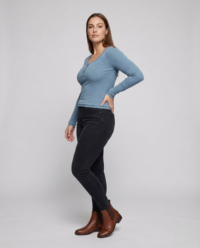 Damen Langarmshirt Knopfleiste Figurbetont