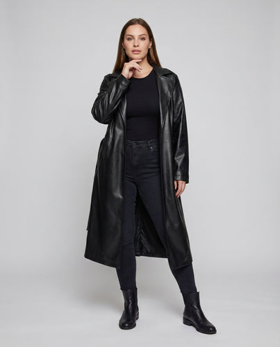 Damen Duster-Mantel Vegan Nappa-Optik Beinschlitze