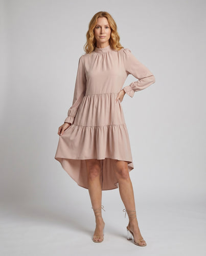 Damen Vokuhila-Kleid Stehkragen Volantstufen Lagen-Optik