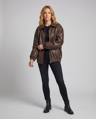 Damen Kunstlederblouson Oversize Hemdkragen Elastikbund