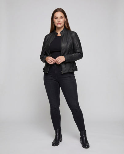 Damen City-Riderjacke Nappa-Optik Stehkragen Ziersteppungen
