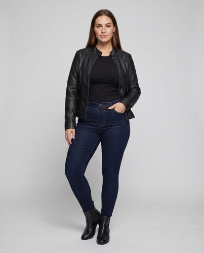 Damen Kurzjacke Vegan-Leder Stehkragen Teilungsnähte
