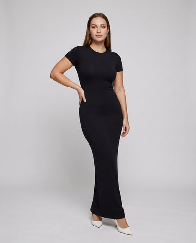 Damen Jersey-Maxikleid Kurzarm Stretch Nahtlos