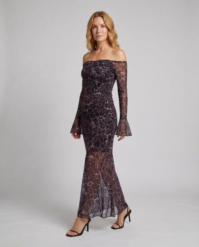 Damen Stretch-Satin-Maxikleid Glockenärmel Animal-Relief