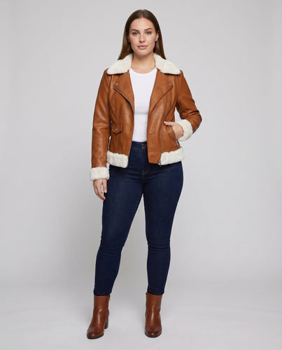 Damen Aviatorjacke Kunstleder Teddyfutter Asymmetrisch