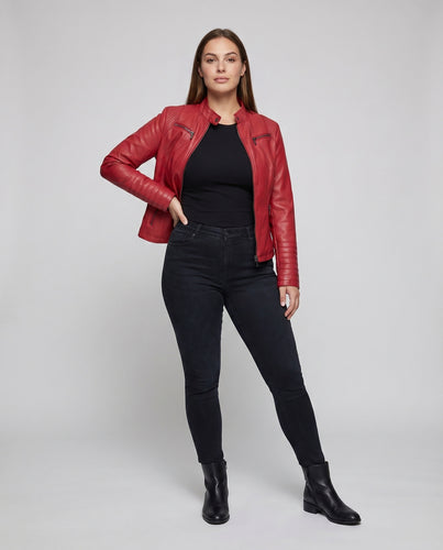 Damen Racerjacke Kunstleder Stehkragen Gesteppte Ellenbogen