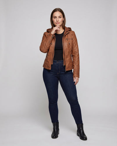 Damen Kunstlederjacke Kapuzenlayer Gesteppte Passe Zipper-Taschen