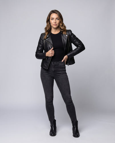 Damen Moto-Jacke Kunstleder Gesteppte Ärmelpasse Stehkragen
