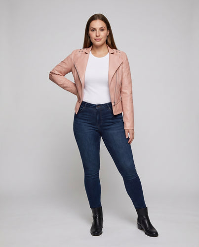 Damen Motorrad-Kurzblouson Nietenbesatz Ziernähte Zipper-Taschen