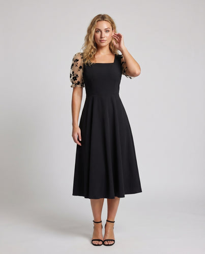Damen Midikleid Quadrat-Ausschnitt Puffärmel Blumenapplikation
