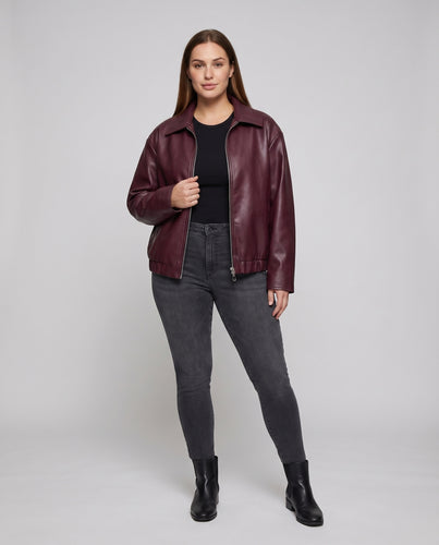 Damen Kunstlederjacke Hemdkragen 2-Wege-Zipp Elastikbund