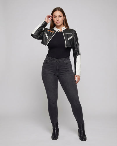 Damen Motorradjacke Rennsport-Stil Stehkragen Kontrast-Ärmel