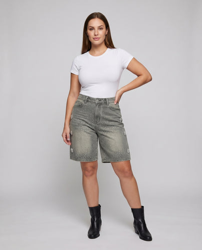 Damen Denim-Bermuda Verwaschen Strass Kristallblüten