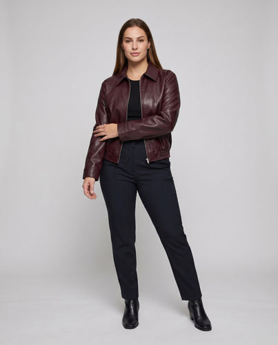 Damen Kunstlederblouson Boxy-Schnitt Hemdkragen Reißverschluss