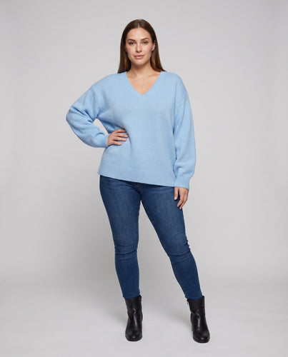 Damen Strickpullover V-Ausschnitt Rippsaum Weit