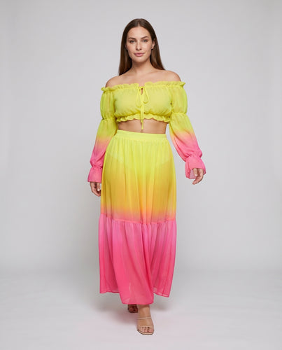 Damen Boho-Carmen-Set Crop-Top Maxirock Beinschlitz